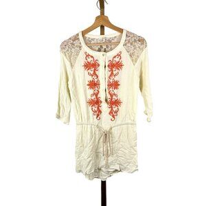 Miss Me Off--White Lacy Embroidered Tunic Length Peasant Top Boho Sz Small EUC